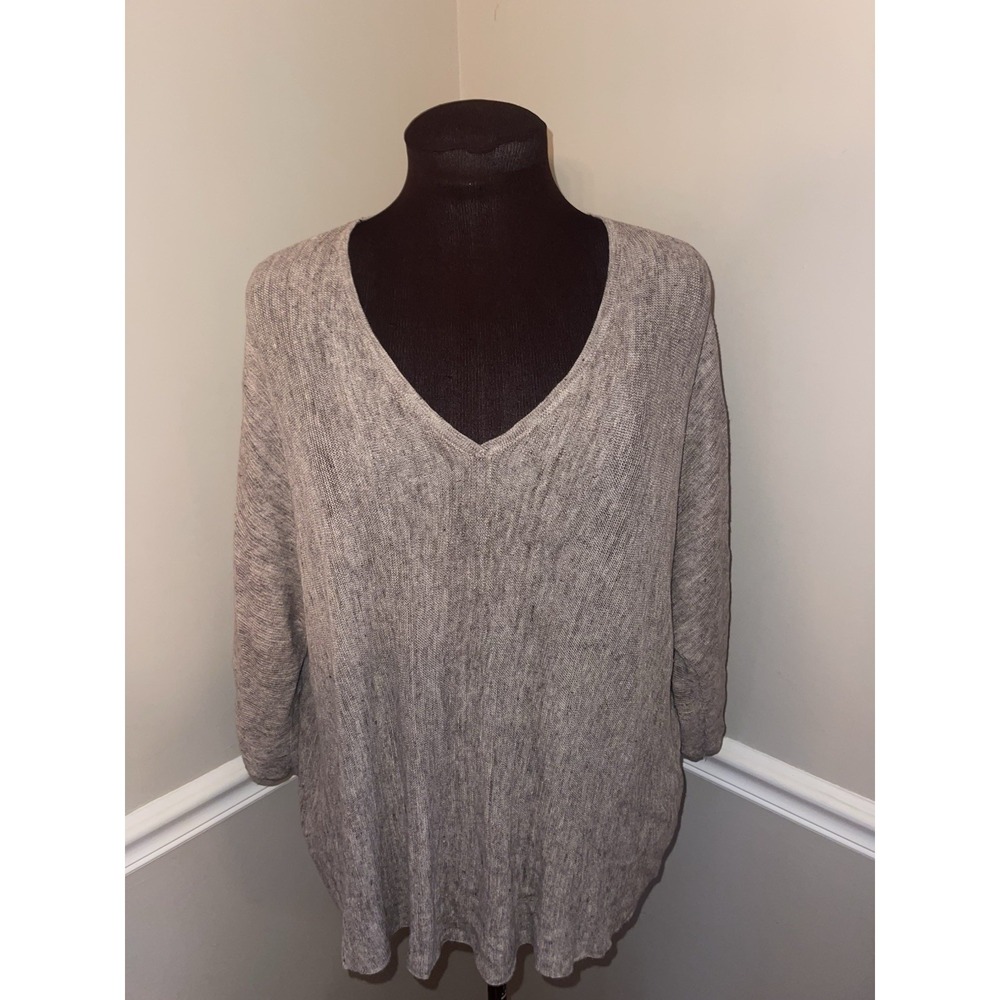 Eileen Fisher V Neck Sweater Linen Khaki Color Minimalist Lagenlook Large Boho